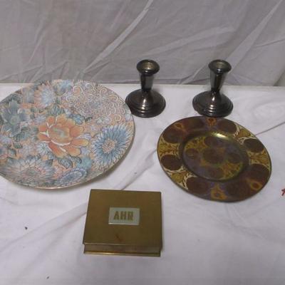 Lot 73 - Decorative Plates - Sterling Weighted Candle Holders - Trinket Box