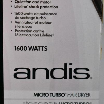 Andis Micro Turbo 1600 Watts Compact Hair Dryer, White - New