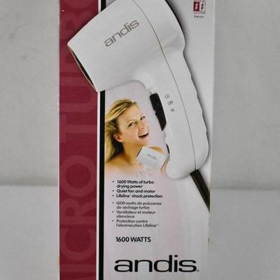 Andis Micro Turbo 1600 Watts Compact Hair Dryer, White - New