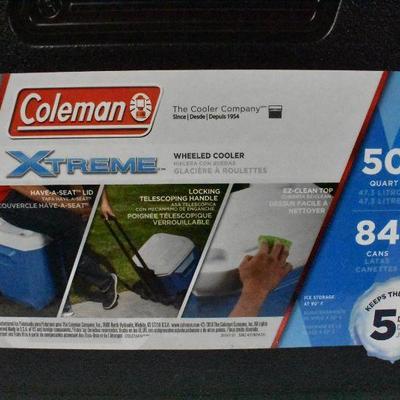 Coleman 50-Quart Xtreme 5-Day Heavy-Duty Cooler with Wheels. Black - New