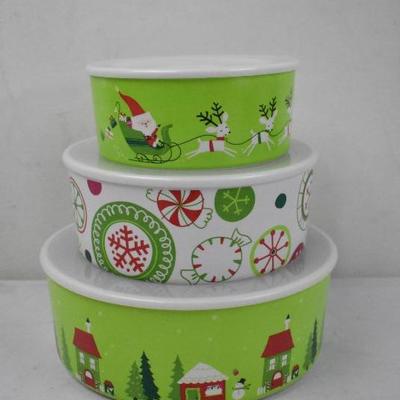 3 Melamine Holiday Bowls with Plastic Lids