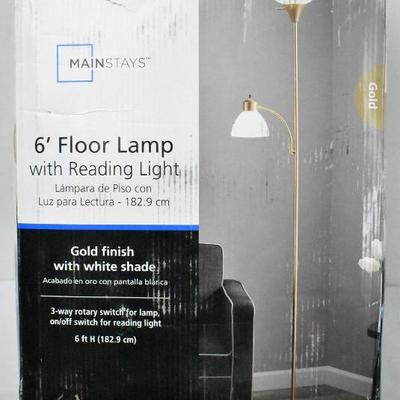 Mainstays 6 Foot Floor Lamp w/ Reading Light, Gold Toned - Large Shade is Broken