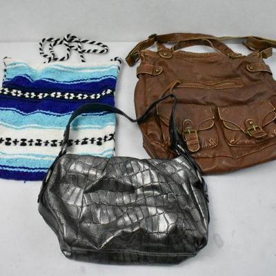 3 pc Handbag Purse Lot: Blue/Black Striped, Brown, and Silver
