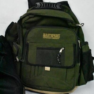 3 pc Bags: Black Duffle Bag, Green Backpack, Gray Messenger Bag