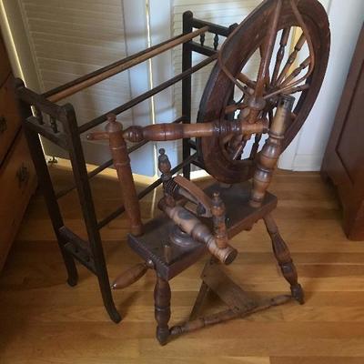 Lot # 155 Antique Spinning Wheel and quilt rack 