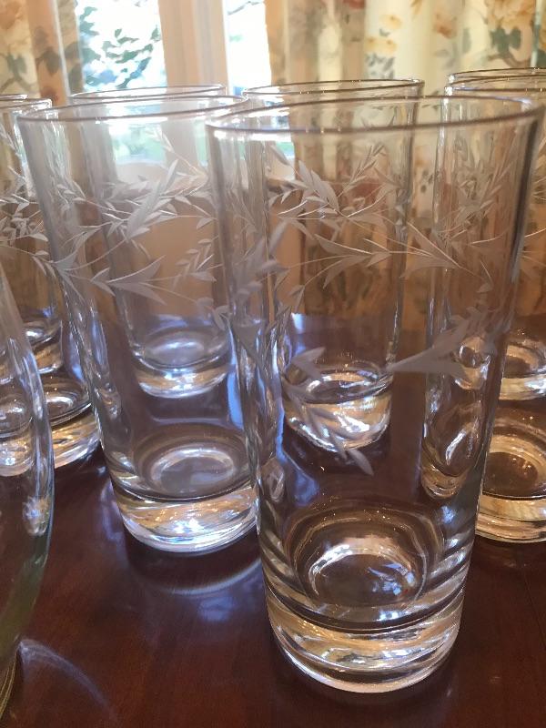 Lot # 58 Vintage Etched Ice Tea Glass Set With Pitcher 