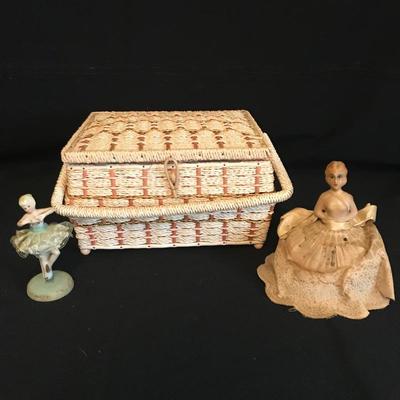 Lot 208 - Sewing Basket with Vintage Pin Cushion and Ballerina