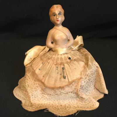 Lot 208 - Sewing Basket with Vintage Pin Cushion and Ballerina