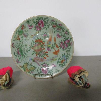 Lot 20 - Famille Rose Chinese Porcelain Plate & Shoes