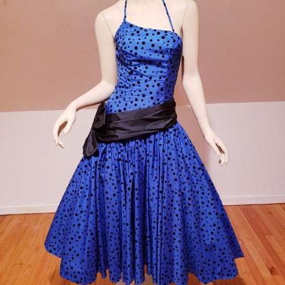 Vtg Blue Azul Asymetrical shantung Ball Gown velour polka dots