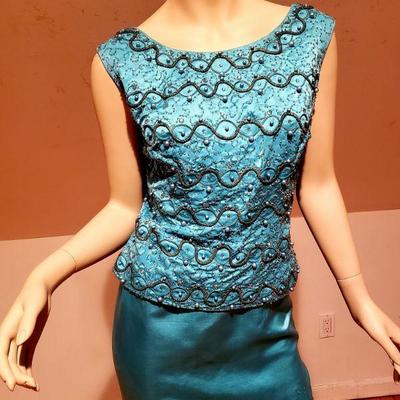Couture Embellished silk shantung Aqua Cocktail Gown