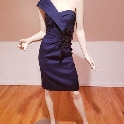 Mieka Couture one shoulder navy dress black flower 3D Applique'