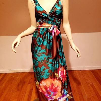 French Uzanel, Paris Floral silky maxi dress with sash made in France