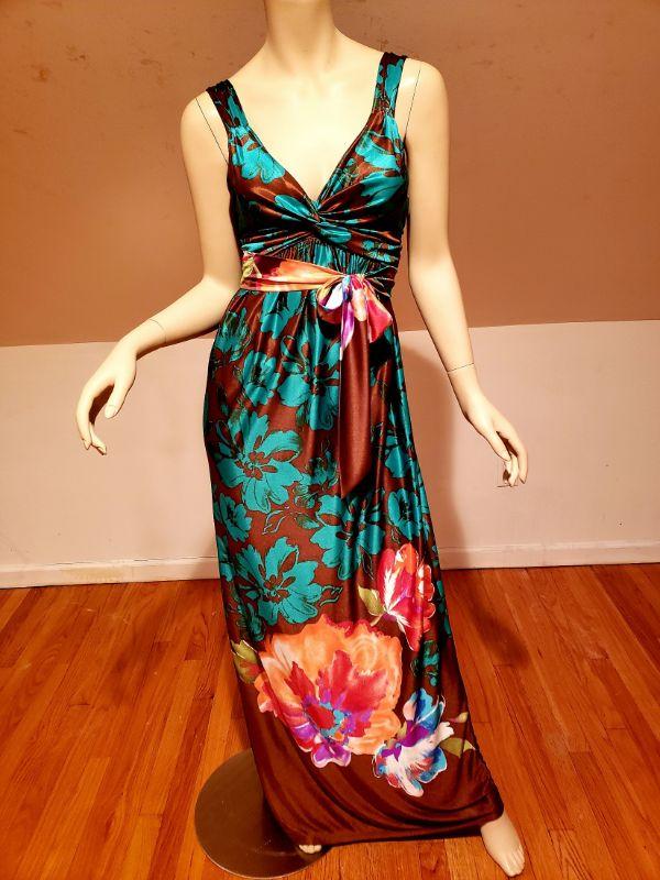 French Uzanel, Paris Floral silky maxi dress with sash made in France