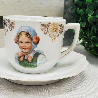 Vintage Little German Girl Small Teacup & Saucer, Made in Bavaria, Red Lion Seal