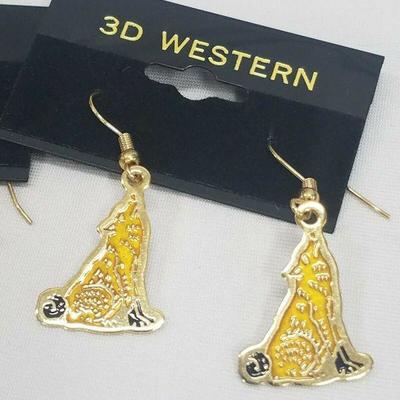 3 pair Earrings 3D Western Charm Gold-Colored Dangle Hooks Tents/Hatchets/Wolves