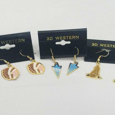3 pr Earrings 3D Western Charm Gold-Colored Dangle Hooks Native American/Arrows