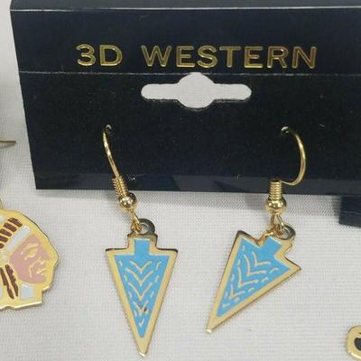 3 pr Earrings 3D Western Charm Gold-Colored Dangle Hooks Native American/Arrows