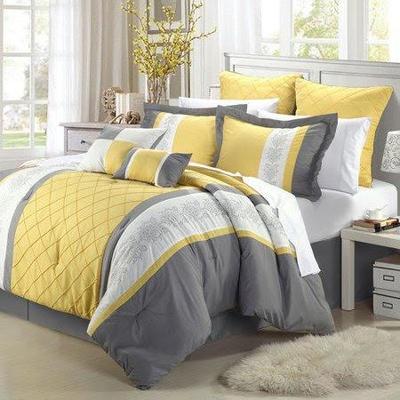 King 8PC Comforter Set, Livingston Bed In A Bag, Yellow & Grey - New