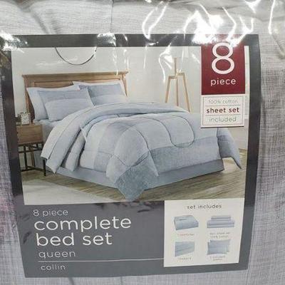 Queen, 8 PC Complete Set, Collin, Wolf Grey, Comforter/Sheets/Skirt/Shams - New