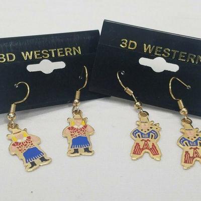 2 Pairs Earrings: Cowboy & Cowgirl Gold-Colored Hook Earrings by 3D Western