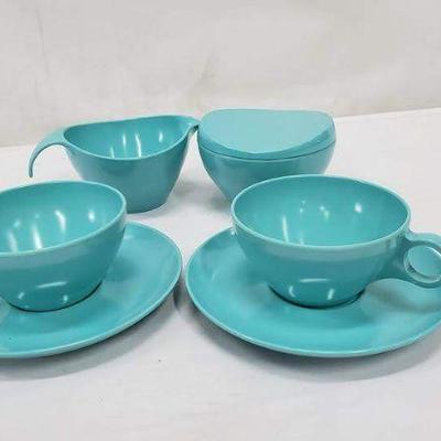 Vintage MCM Tea Cup Saucers w/Sugar Creamer, Melmac, Blue