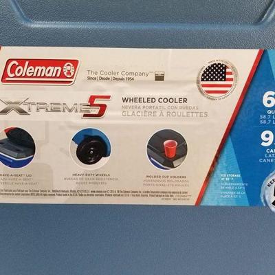 Coleman 62-Quart Xtreme 5-Day Heavy-Duty Cooler with Wheels, Blue - New