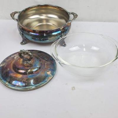 Vintage- EPCA SILVERPLATE FOOTED BOWL with Pyrex Glass by POOLE # 815