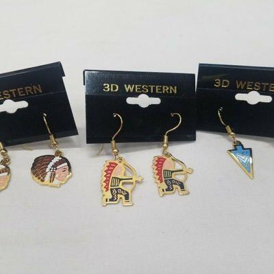 3 pr Earrings 3D Gold-Colored Dangle Hooks Native American, Arrows, Wolves