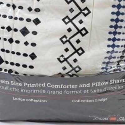 Queen, Black/White/Blue White Printed Comforter Set, Open Pkg - New