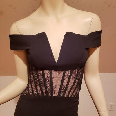 Max Azria  Black off the shoulder gown with French lace bustier illusion top