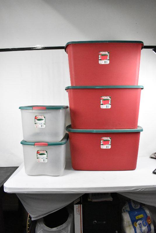 5 Storage Bins with Lids: 3 Red/Green 30 Gallon and 2 Clear/Green/Red 66  Quart