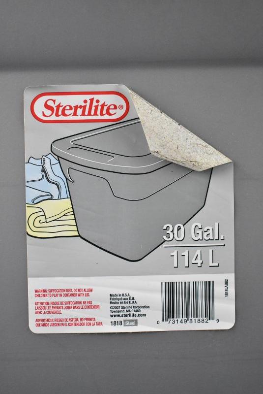 3 Sterilite Storage Bins with Lids: Clear 70 Qt, Gray 30 Gal, & Blue