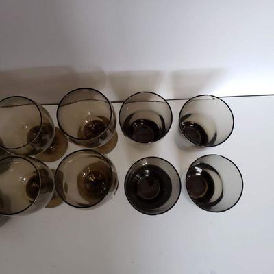 11 Brown colored glasses - 4 wine, 4 tall tumblers, 3 small tumblers