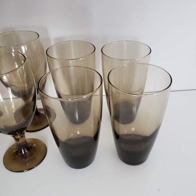 11 Brown colored glasses - 4 wine, 4 tall tumblers, 3 small tumblers