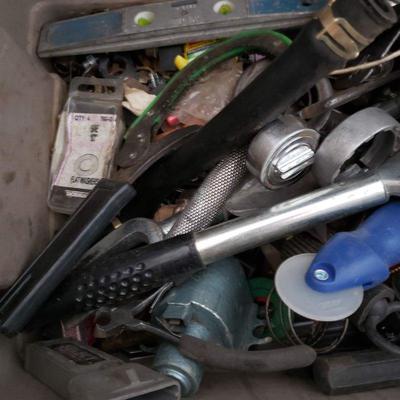 Heavy Duty Tote With Assorted Tools and Auto Parts