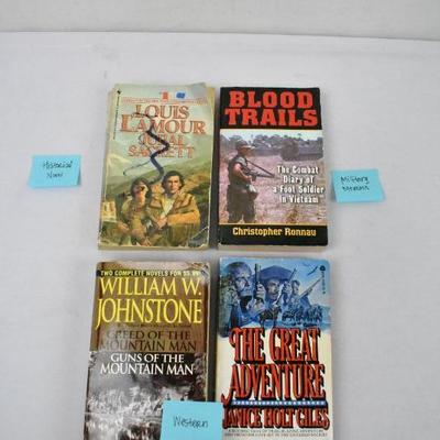 4 Paperback Books: Historical Novel, Military Memoir, & 2 Westerns