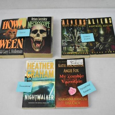 6 Paperback Books: 2 Horror, 2 Science Fiction, 2 Paranormal: Aliens...