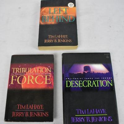 3 Books by Lahaye Jenkins: Left Behind, Tribulation Force, & Desecration