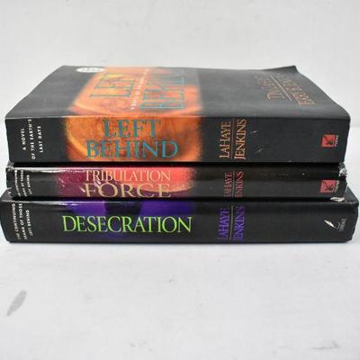 3 Books by Lahaye Jenkins: Left Behind, Tribulation Force, & Desecration