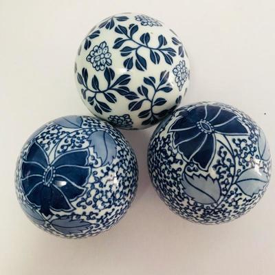 Lot 27 - Blue Accent Ceramic Ball Collection with Woven Basket Pottery Bowl 