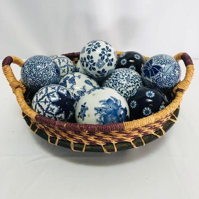 Lot 27 - Blue Accent Ceramic Ball Collection with Woven Basket Pottery Bowl 