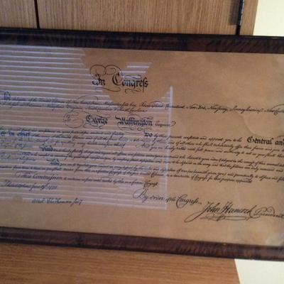 Lot # 24. Framed copy of George WASHINGTON Commission & Oath