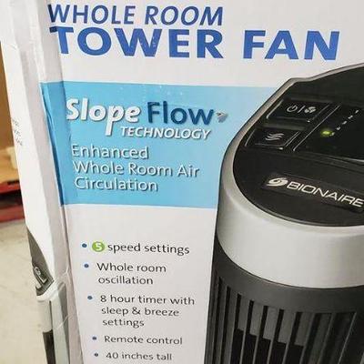 Whole Room Tower Fan, Black, Bionaire, Five Speeds, Used, Remote Needs Batteries