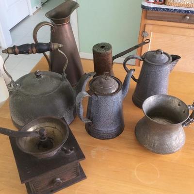 Lot # 66 7 pc Vintage Agate wear, Copper pitcher, coffee grinder