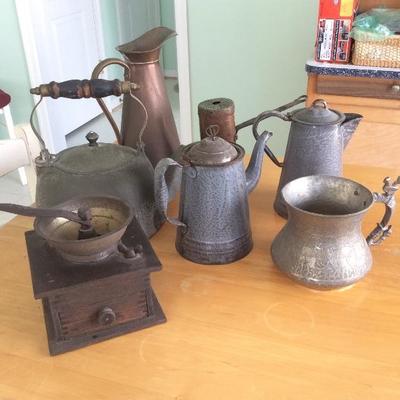 Lot # 66 7 pc Vintage Agate wear, Copper pitcher, coffee grinder