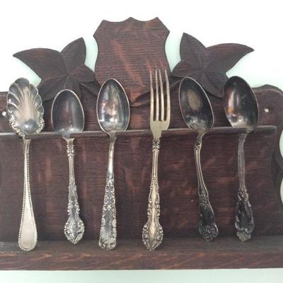 Lot # 75 Antique Oak Spoon Rack with Silver plate Spoons