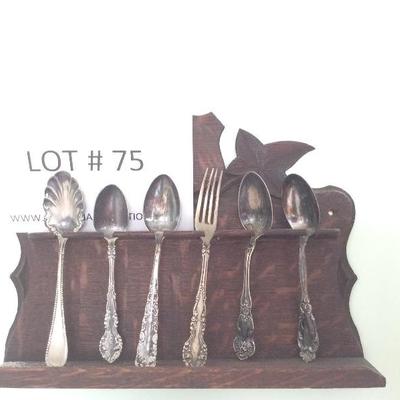 Lot # 75 Antique Oak Spoon Rack with Silver plate Spoons