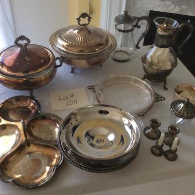 Lot #104 Silver plate chafing dishes , Sterling candlesticks