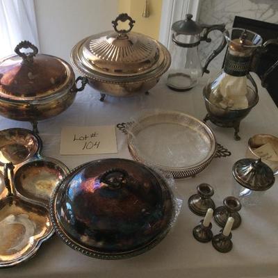 Lot #104 Silver plate chafing dishes , Sterling candlesticks